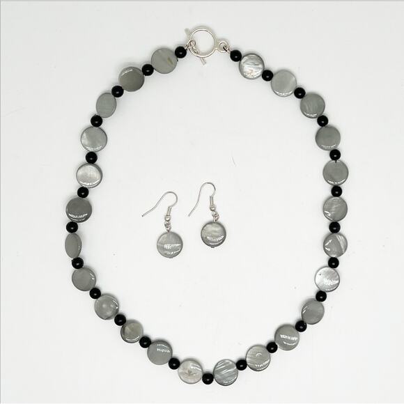 Handmade Black and Gray Beaded Necklace and Earrings Set Hand Crafted - Picture 1 of 3